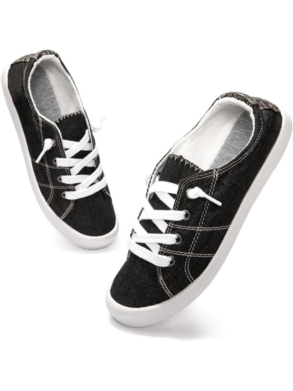 Women's Black Slip On Canvas Low Top Breathable Casual Classic Flat Sneakers - Picture 4 of 6